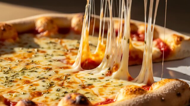 Close-up of Delicious Cheese Pizza Slice with Melted Mozzarella Strings, Warm Golden Hour Lighting, Rustic Style, Food Photography