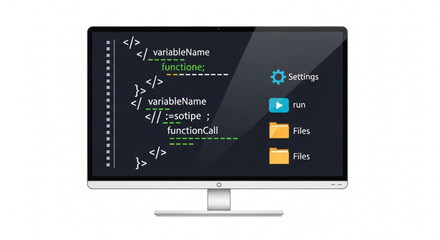Code editor on computer screen showing programming syntax and files for software development and settings