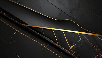 Luxurious abstract background with black marble texture and elegant flowing golden lines