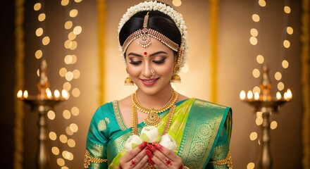 Beautiful South Indian Bride Holding Lotus Flowers