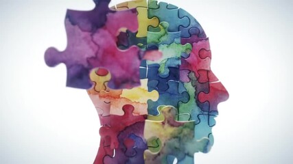 Conceptual Animation of a Human Head Formed by Colorful Jigsaw Puzzle Pieces. - Powered by Adobe