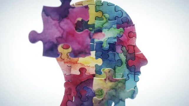 Conceptual Animation of a Human Head Formed by Colorful Jigsaw Puzzle Pieces.