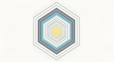 Abstract geometric design featuring nested hexagons in shades of yellow, blue, gray, and white.