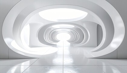 Abstract futuristic white corridor with glowing oval openings and a glossy floor leading to a bright light