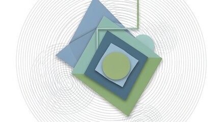 Abstract geometric composition with overlapping squares and circles in pastel colors.