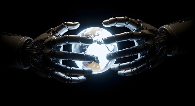 Metallic robotic hands holding a glowing Earth globe in a dark background.