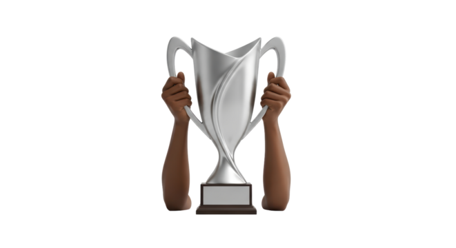 Isolated two hands holding a shiny silver trophy, award, prize, competition, sports symbol