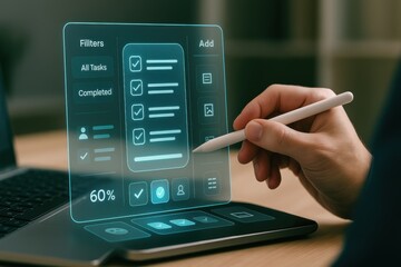 Hand holding stylus using tablet with holographic task checklist completion
