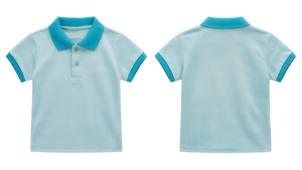 Front and back view of a light blue short sleeve polo shirt with turquoise collar and cuffs