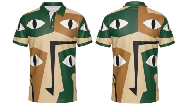 Two hawaiian shirts with a striking abstract eye pattern in green and brown