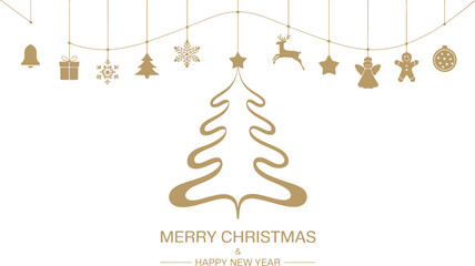 Christmas tree decoration with golden ornaments and happy new year