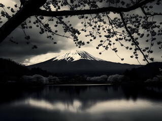 Mount fuji reflected in a calm lake under a dramatic cloudy sky
