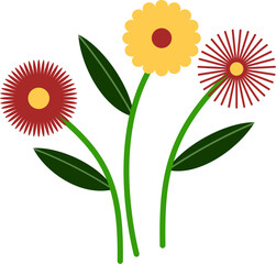 Flat Vector Illustration of Colorful Abstract Flowers with Green Leaves