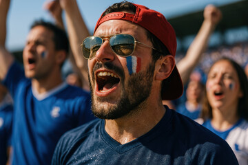 Passionate French soccer fan cheering with face paint in stadium