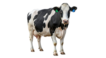 Isolated Holstein cow standing in a field, mammal with black and white coloring on skin