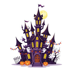 A whimsical cartoon illustration of a spooky purple haunted castle with ghosts, pumpkins, and a full moon for Halloween.
