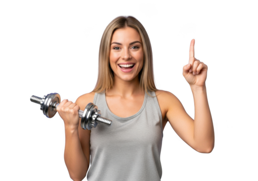 Smiling woman holds dumbbell gesturing one finger up fitness inspiration and healthy lifestyle concept isolated on transparent background