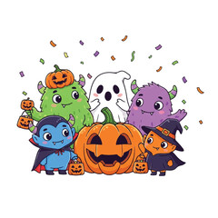 Obraz premium A group of cute cartoon monsters and pumpkins celebrating Halloween with confetti falling around them.