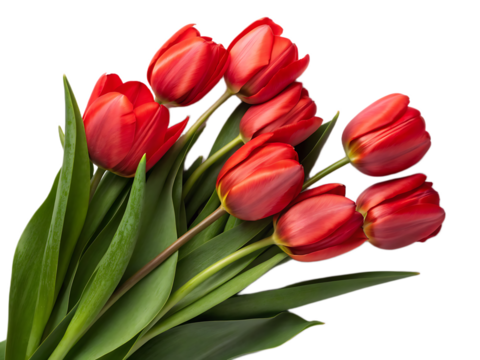 A bouquet of seven vibrant red tulips with long green stems and leaves against a black background