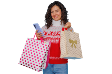 Happy woman holding shopping bags and smartphone, celebrating holiday shopping and e-commerce, transparent background
