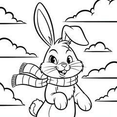 Obraz premium Bunny in the winter coloring page. Cute cartoon animal illustration. An adorable rabbit with a scarf in a snowy scene with clouds. Fun coloring sheet for children.