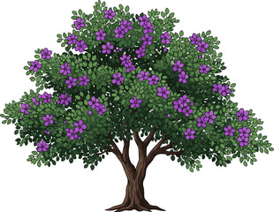Create a tree, Lignum vitae, purple flower vector art with white background.