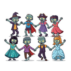 Cartoon zombies dressed in costumes holding hands in a circle.