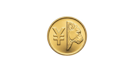 Isolated Gold coin design with Yen currency symbol and stylized lion head profile graphic