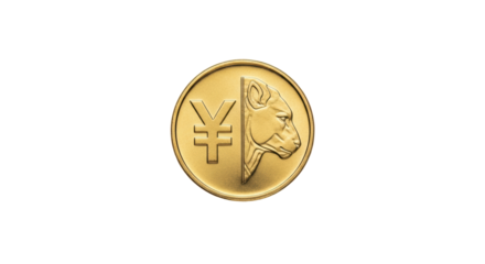 Isolated Gold coin design with Yen currency symbol and stylized lion head profile graphic