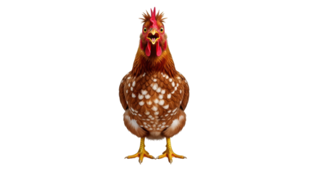 Isolated Portrait of a Brown and White Speckled Chicken Front Facing with Beak Open, Looking Ahead