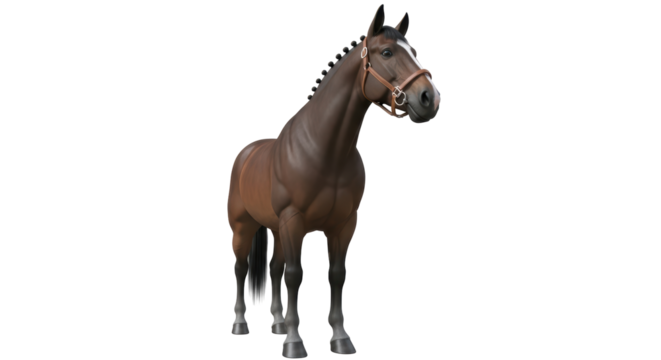 Isolated equestrian brown horse with harness, poised, ready for ride, perfect for ad