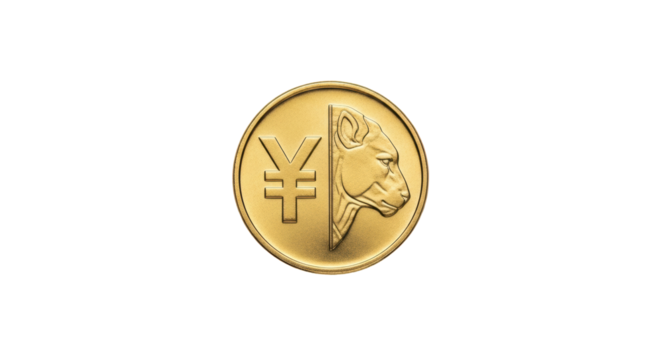 Isolated Gold coin design with Yen currency symbol and stylized lion head profile graphic