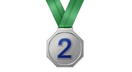 Isolated Second place award medal with green ribbon for achieving the silver ranking