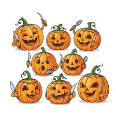 A collection of nine cartoon pumpkins with carved faces and holding cutlery, ready for Halloween festivities.