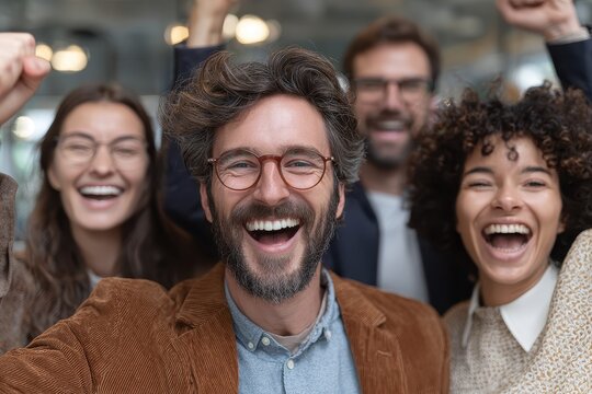 Dynamic team celebrating success with joyful laughter and raised fists in a modern office, radiating positivity and achievement together