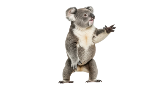 Isolated koala bear standing up on two legs looking to the right raising its paw