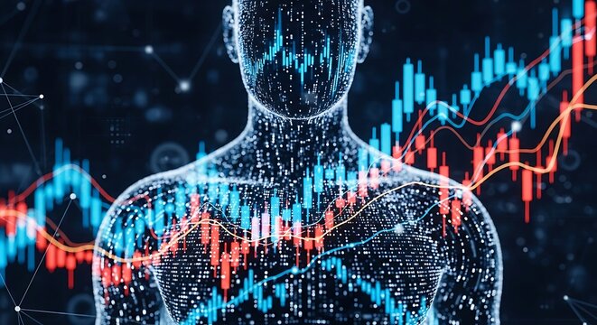 Dynamic digital human silhouette overlaid with vibrant stock market charts and data streams illustrating financial growth and technological advancement