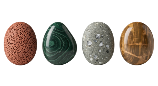 Four ovoid geological samples (terracotta stone, dark green mineral, grey slate, petrified wood) on transparent background, studio shot, terrestrial geology and Earth forms concept