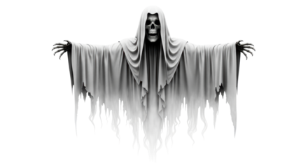 Isolated spooky ghost in a shroud with a skull head and outstretched hands for Halloween