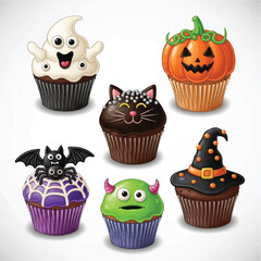 Halloween cupcakes with ghost, pumpkin, cat, bat, monster, and witch hat decorations.