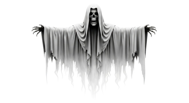 Isolated spooky ghost in a shroud with a skull head and outstretched hands for Halloween