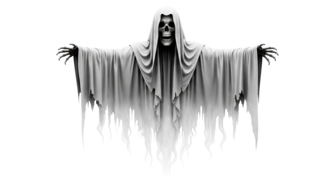 Isolated spooky ghost in a shroud with a skull head and outstretched hands for Halloween