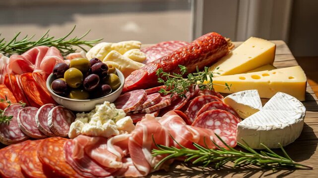 Gourmet Charcuterie Board Artisan Salami, Prosciutto, Cheeses, Olives, and Herbs in Warm Sunlight