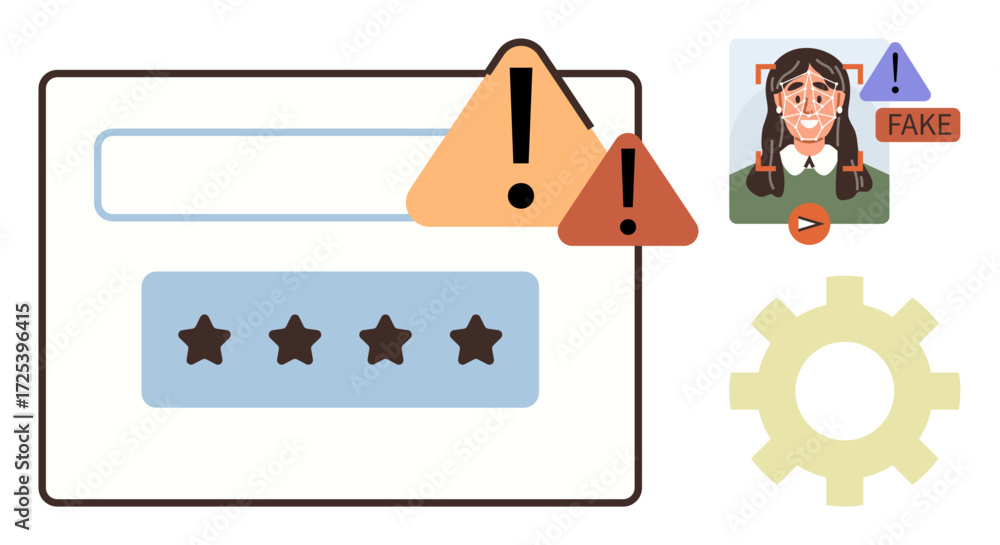 Poster login password field with warning alerts, deepfake video indicator, and gear icon for system tools. 