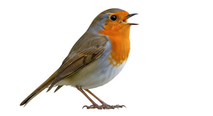 Isolated Robin redbreast perching with open beak, singing bird with vibrant orange plumage