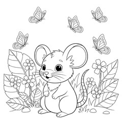 Fototapeta premium Mouse in a field of flowers coloring page. Cute cartoon animal illustration. A happy mouse sitting in a field of flowers with butterflies flying around. Perfect printable activity sheet for kids.