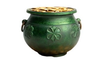 A green pot with shamrocks filled with gold coins for saint patrick's day on a white background