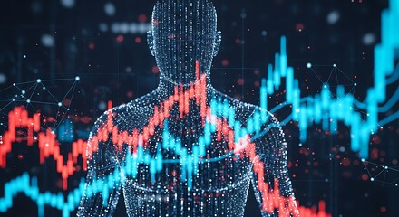 Dynamic digital human form overlaid with vibrant financial market data charts showing growth and decline trends