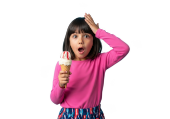 Young girl's shocked reaction to dropping ice cream cone holds dessert looking surprised isolated on transparent background
