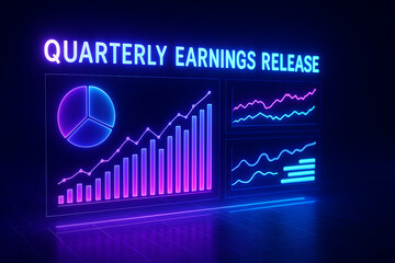 Quarterly earnings release neon glowing financial report, corporate revenue growth performance with bar chart line graph and pie chart, stock market investment data visualization business analytics da